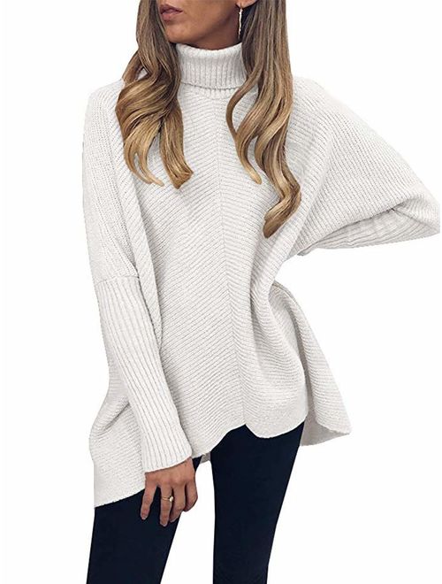 Caracilia Womens Turtleneck Long Sleeve Sweater Irregular Hem Casual Pullover Knit Tops 