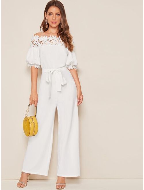 Shein Off Shoulder Guipure Lace Trim Puff Sleeve Belted Jumpsuit