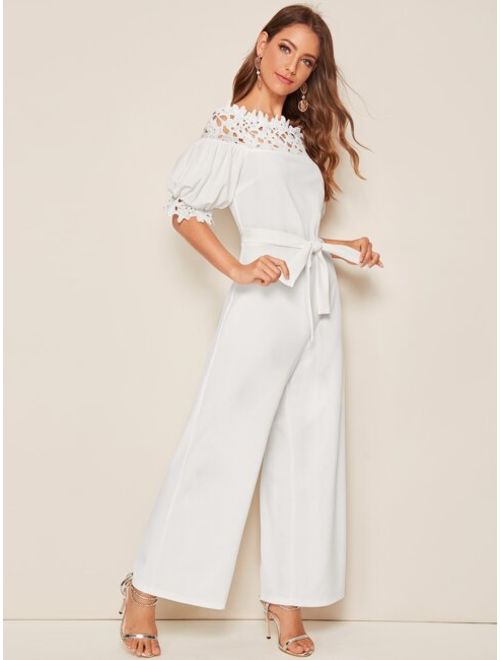 Shein Off Shoulder Guipure Lace Trim Puff Sleeve Belted Jumpsuit