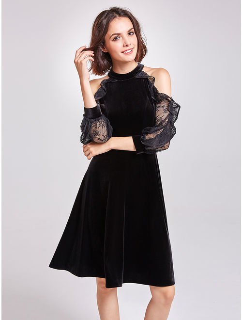 Ever-Pretty Women's Cold Shoulder Lace Long Sleeve Velvet Cocktail Dinner Party Casual Dresses for Women 5896 Black US 4