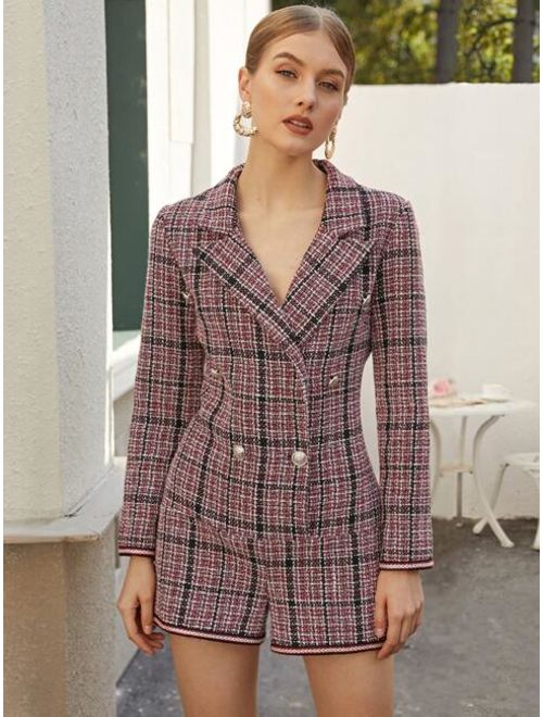 Shein Notched Collar Double Button Plaid Tweed Romper