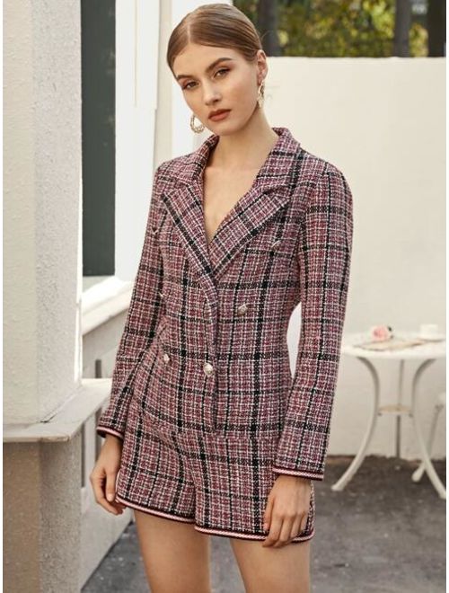 Shein Notched Collar Double Button Plaid Tweed Romper