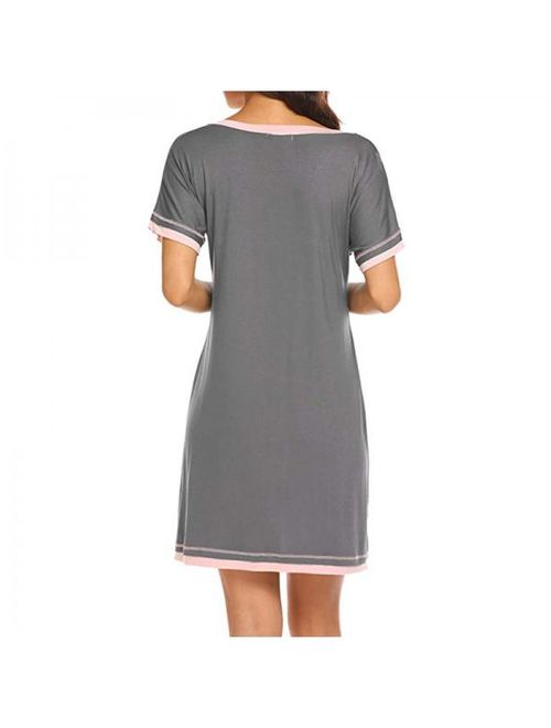 Women's V Neck Nightshirt Cotton Casual Sleepwear Short Sleeve Nightgown S-XXL