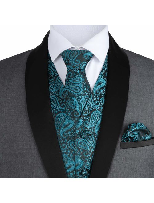 WULFUL Mens 3pc Paisley Vest Necktie Pocket Square Set for Suit or Tuxedo 