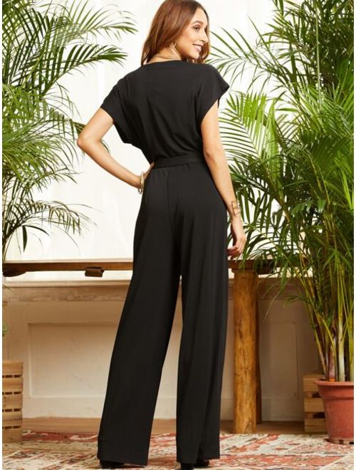 SBetro Notched Collar Belted Maxi Jumpsuit