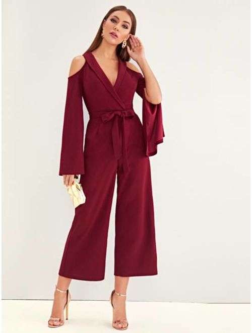 Shein Shawl Collar Cold Shoulder Split Bell Sleeve Palazzo Jumpsuit