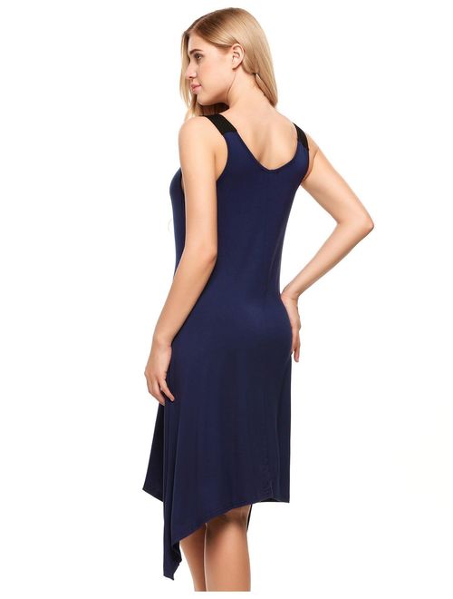 Womens Sleeveless Pajamas Solid V Neck Nightgown Sleepwear Asymmetrical Mini Dress RllYE