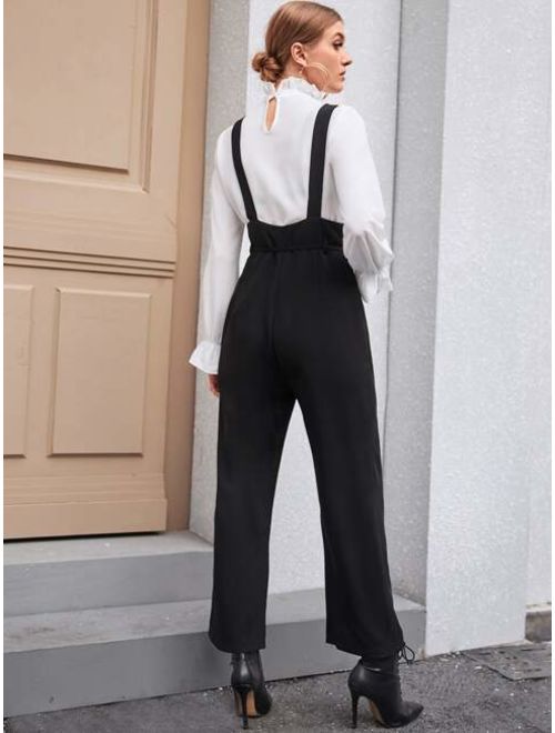 Shein Solid Button Front Belted Overall Jumpsuit