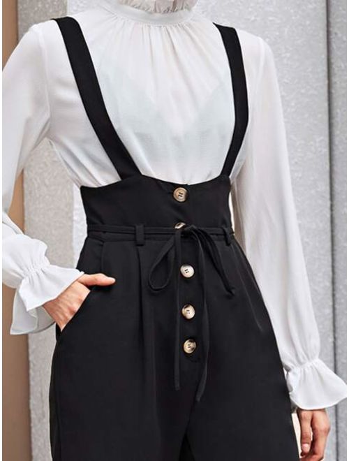 Shein Solid Button Front Belted Overall Jumpsuit