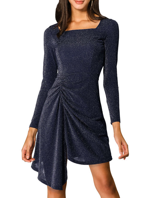 Canis Women's Sparkle Glitter Square Neck Stretchy Long Sleeve Party Dress XL Navy Blue