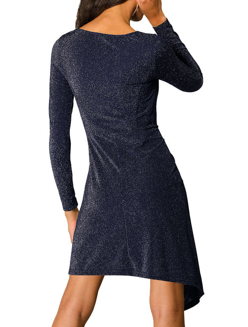 Canis Women's Sparkle Glitter Square Neck Stretchy Long Sleeve Party Dress XL Navy Blue