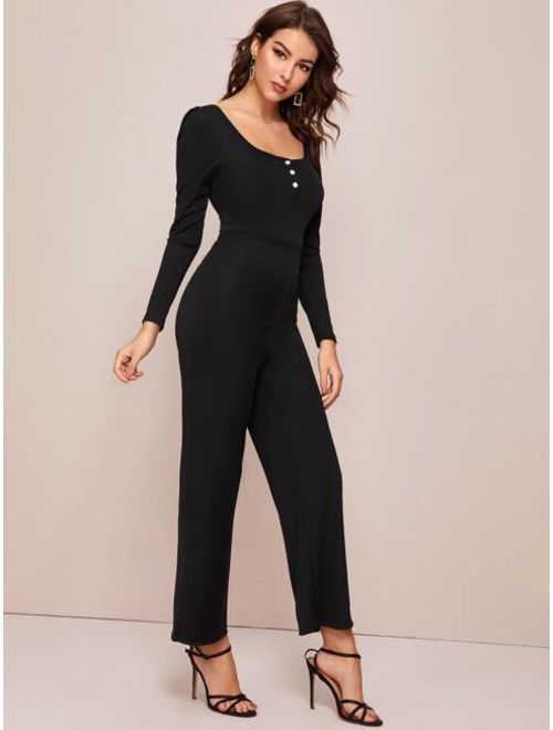 Shein Solid Square Neck Button Front Jumpsuit