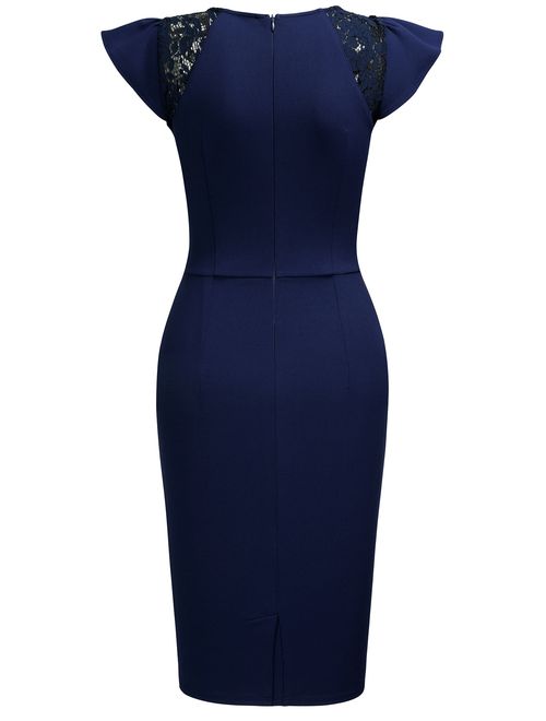 Canis Women's Formal Work Pencil Dresses,Cocktail Party Bodycon Dresses(Navy Blue,L)