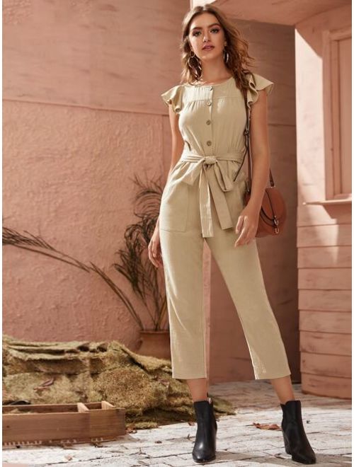 Shein Ruffle Armhole Button Front Belted Jumpsuit