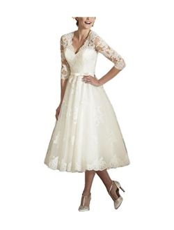 Women's V Neck Long Sleeves Tea Length Short Wedding Dress