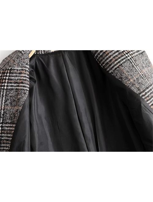 Women Classic Lattice Winter Overcoat Lapel Double Breasted Woolen Long Coat