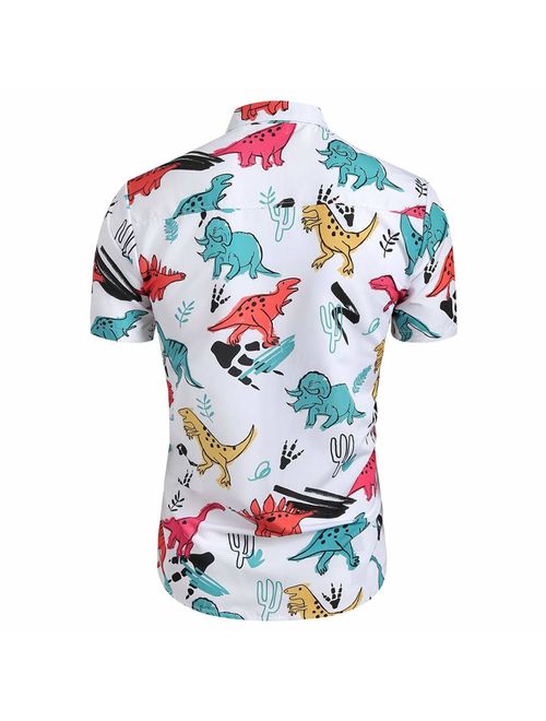 Gleamfut Men's Shirt Cartoon Dinosaur Printed Slim Fit Short Sleeve Button Loose Tops Blouse T-Shirt