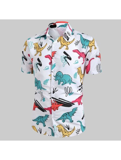 Gleamfut Men's Shirt Cartoon Dinosaur Printed Slim Fit Short Sleeve Button Loose Tops Blouse T-Shirt