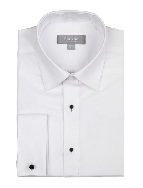 Marquis Platino Men's White Textured Regular Fit French Cuff Laydown Cotton Tuxedo Shirt