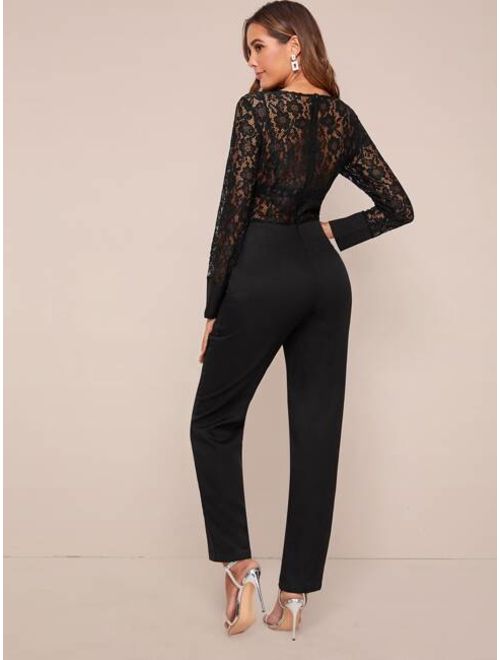 Shein Sheer Lace Bodice Jumpsuit Without Bra