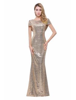 Sparkly Rose Gold Modest Sequin Bridesmaid Dresses Cowl Mermaid Formal Gowns