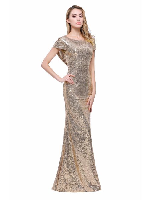 Sparkly Rose Gold Modest Sequin Bridesmaid Dresses Cowl Mermaid Formal Gowns