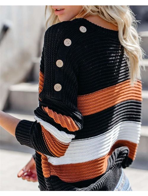 cordat Women Sweaters Long Sleeve Crew Neck Color Block Striped Oversized Casual Knitted Pullover Tops