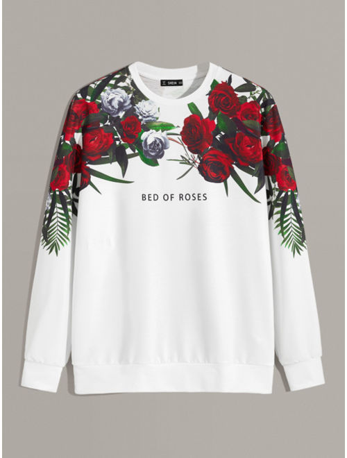 Shein Men Crew Neck Slogan and Floral Graphic Sweatshirt