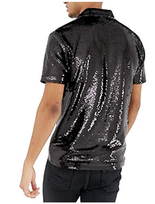 URRU Men's Relaxed Short Sleeve Turndown Sparkle Sequins Polo Shirts 70s Disco Nightclub Party T-Shirts Tops S-XXL