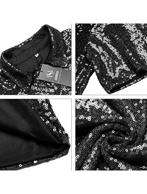 URRU Men's Relaxed Short Sleeve Turndown Sparkle Sequins Polo Shirts 70s Disco Nightclub Party T-Shirts Tops S-XXL
