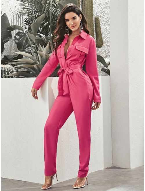 Shein Pocket Patch Button Roll Up Sleeve Jumpsuit