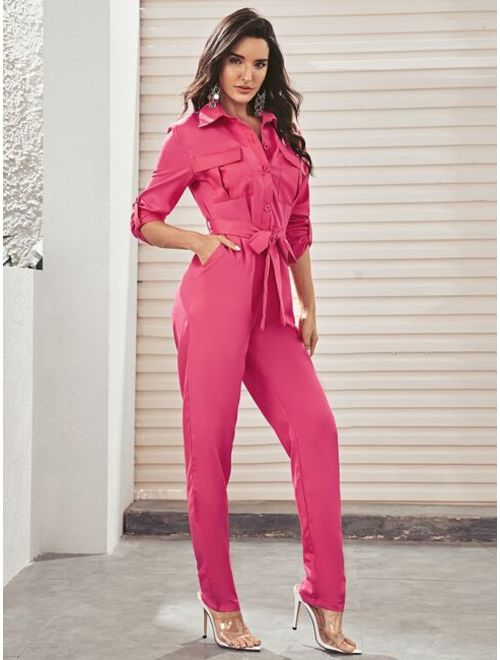 Shein Pocket Patch Button Roll Up Sleeve Jumpsuit