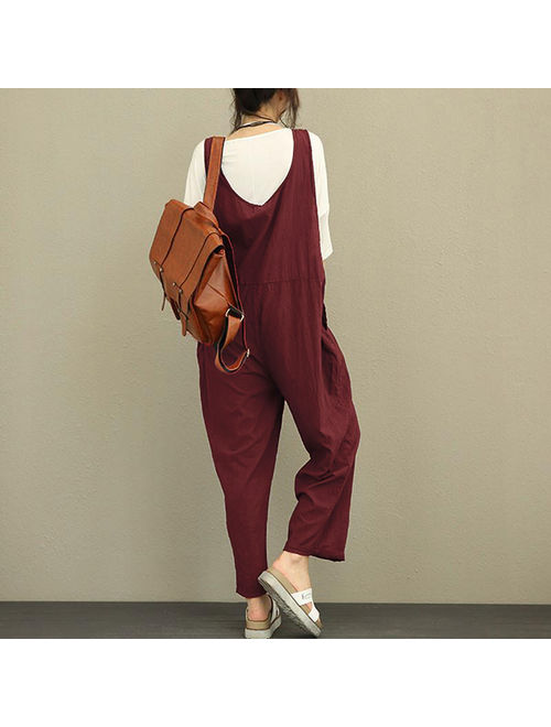 Women's Fashion Sleeveless Cotton Linen Loose Jumpsuits