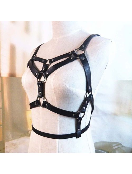 Women's Punk Waist Belt Body Chain Faux Leather Harness Adjustable with Buckles and O-Rings(LB-27)