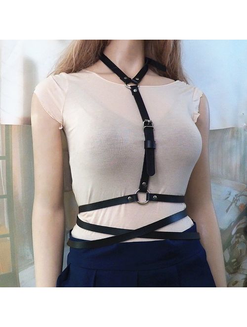 Women's Punk Waist Belt Body Chain Faux Leather Harness Adjustable with Buckles and O-Rings(LB-24)
