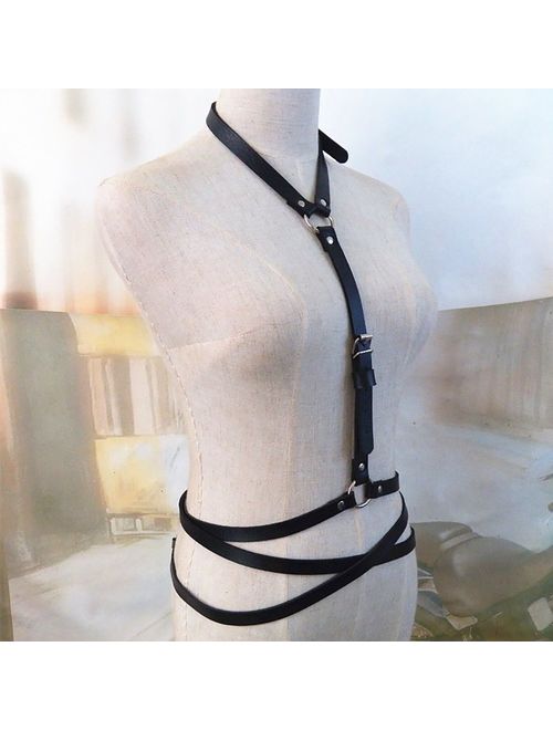 Women's Punk Waist Belt Body Chain Faux Leather Harness Adjustable with Buckles and O-Rings(LB-24)