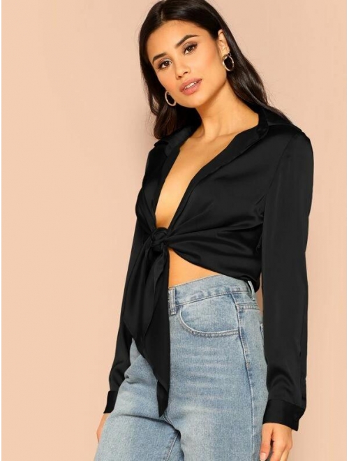 Shein Collared Plunging Neck Tie Front Satin Top