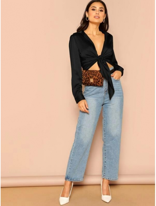 Shein Collared Plunging Neck Tie Front Satin Top