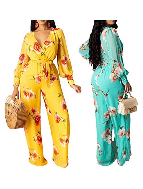 LightlyKiss Women Casual Sexy V Neck Sparkly Jumpsuits Long Sleeve Onesie Loose Pants Party Clubwear with Belt