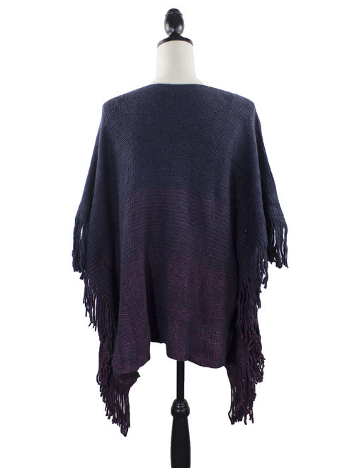 Styles I Love Womens Knit Two Tone Batwing Fringe Poncho Cardigan Pullover Cozy Sweater Wrap Jacket (Navy Blue)