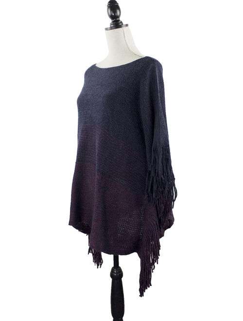 Styles I Love Womens Knit Two Tone Batwing Fringe Poncho Cardigan Pullover Cozy Sweater Wrap Jacket (Navy Blue)