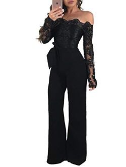 Ophestin Women Sexy Off Shoulder Floral Lace Long Sleeve Bodycon Wide Leg Jumpsuits Rompers with Belt
