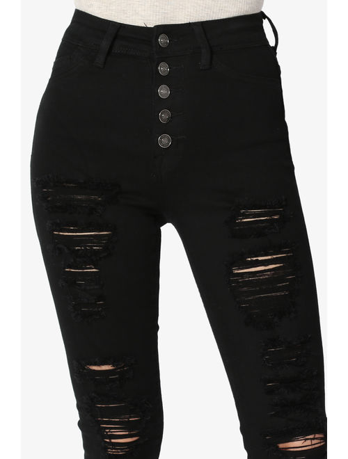 TheMogan Women's Distressed Button Up High Waist Stretch Soft Denim Skinny Jeans