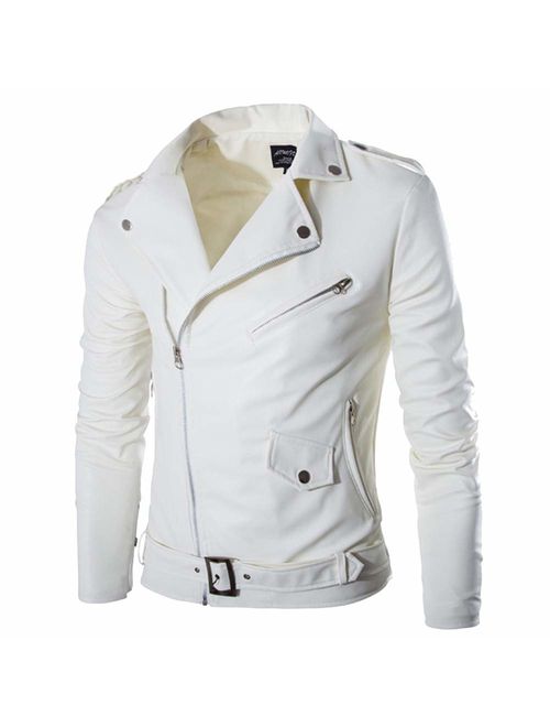 Allywit Men's White Design PU Leather Motorcycle Jacket Zipper Biker Jacket Coat