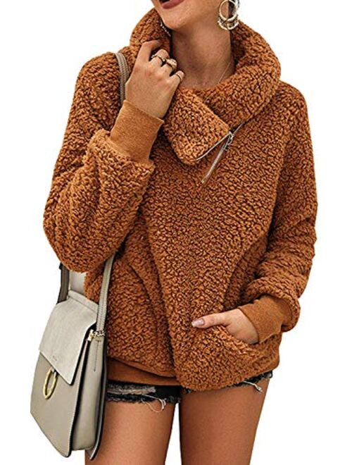 ZESICA Women's Turtleneck Long Sleeve Oblique Zipper Fuzzy Fleece Pullover Casual Loose Sweatshirt Coat with Pockets