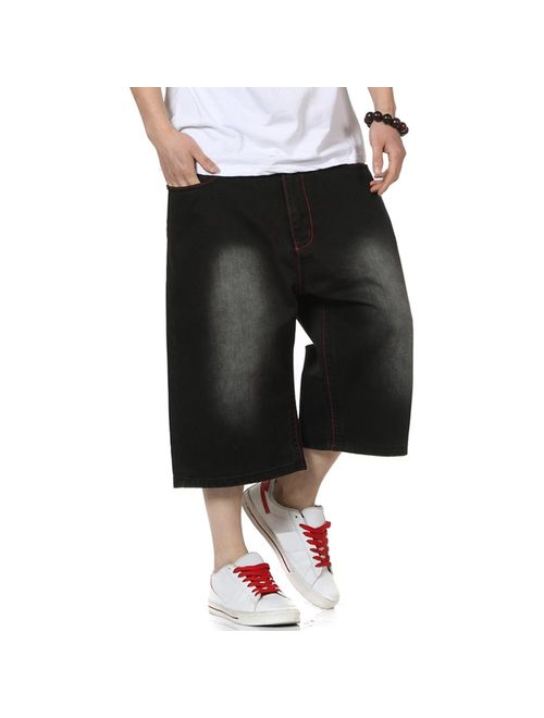 PY-BIGG Plus Size Men's Shorts Jeans Relaxed Fit Hip Hop Denim Shorts Work Short Stone Washed Black 30W-46W 13L
