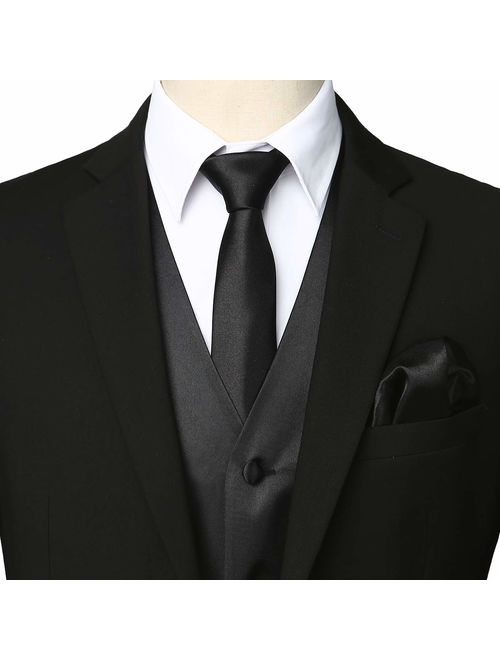 ZEROYAA Men's Solid 4pc Shiny Satin Vest Necktie Bowtie Pocket Square Set for Suit or Tuxedo