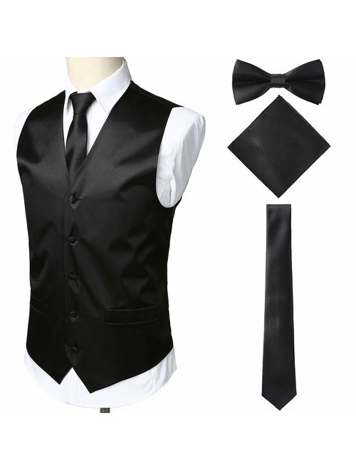 ZEROYAA Mens Solid 4pc Shiny Satin Vest Necktie Bowtie Pocket Square Set for Suit or Tuxedo 