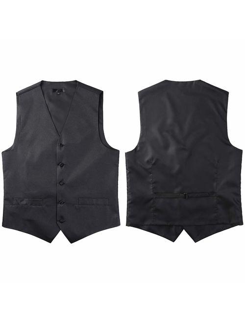 ZEROYAA Men's Solid 4pc Shiny Satin Vest Necktie Bowtie Pocket Square Set for Suit or Tuxedo