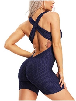 Women Texture Bodysuit Sleevesless Sport One-Piece Backless Sexy Slimming Bodycon Rompers Jumpsuit